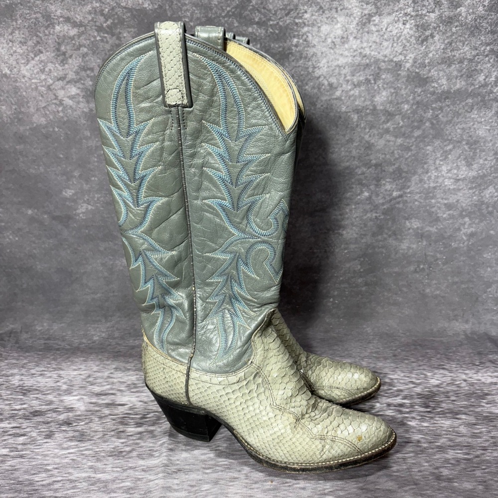 Vintage Dan Post Gray Snakeskin Leather Western Cowboy Boots Women 6 Pointed Toe